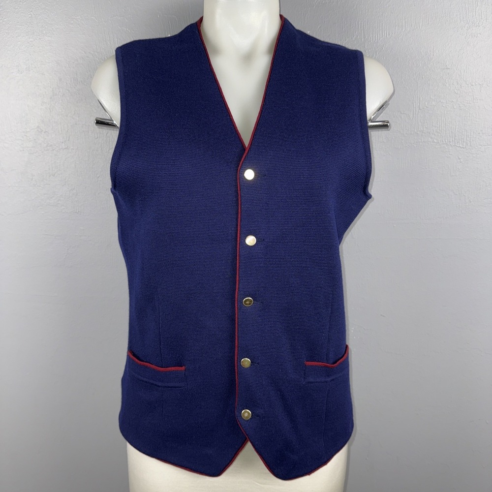 Burdones FL Vintage Wool Blend Vest M Navy Blue Red Piping Gold-Tone Buttons 90'